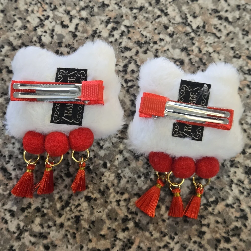 White and Red Furry Lion Hair Clips